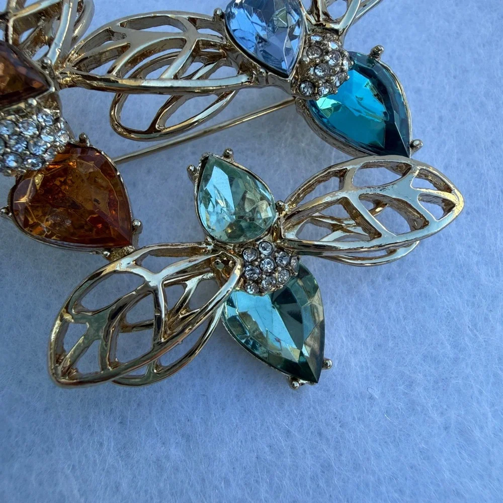 Large Triple Dragonfly Brooch Gold Tone Multicolor Rhinestone Statement Pin